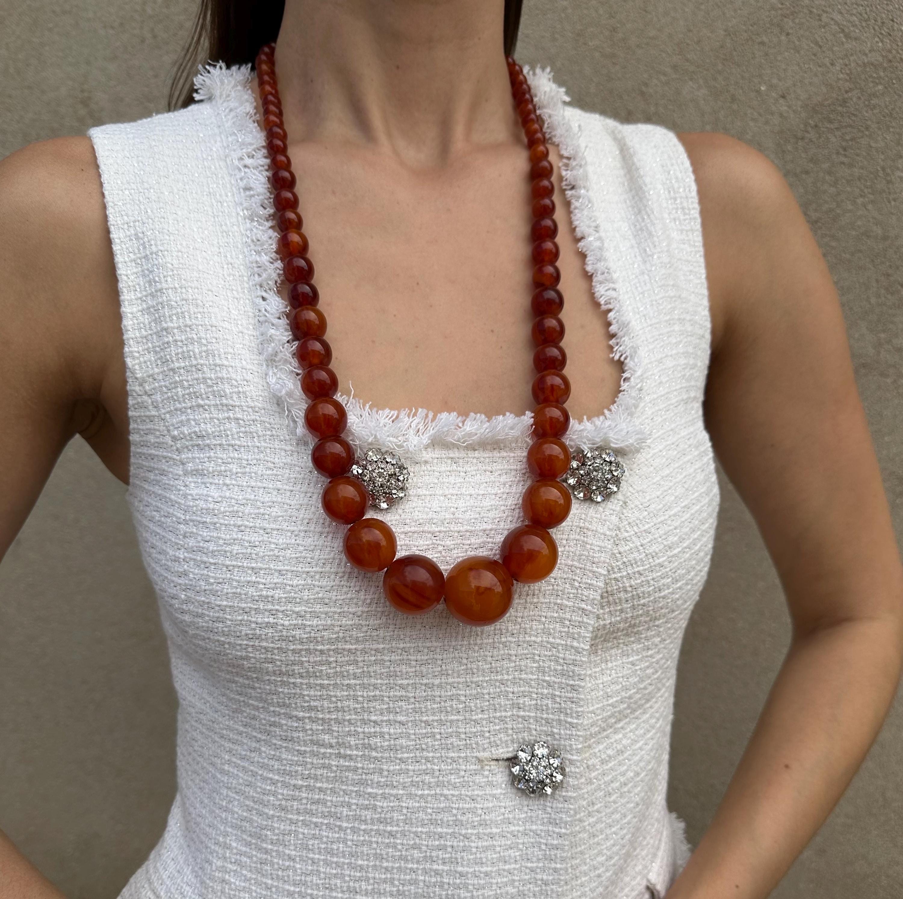 Collier Long Vintage Perles Bakélite Ou Résine Style Ambre Jaspe - Bijou Rétro élégant