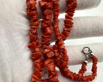 Vintage Natural Coral Necklace – Genuine Mediterranean Coral Chips, 925 Silver Clasp, 50 cm, 32 g