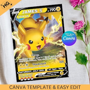 Invito di compleanno Pikachu con foto, modello modificabile, stampabile, digitale o stampato, invito di compleanno per ragazzo