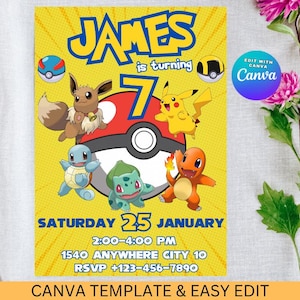 Faire-part d'anniversaire carte Pikachu avec photo modèle modifiable imprimable invitation numérique ou imprimée Invitation d'anniversaire garçon