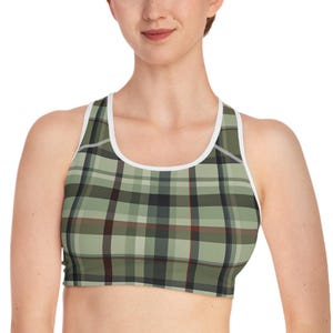 Groene geruite sport-bh | Salie-tartanpatroon, atletische crop top