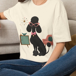 Retro poedel met roze bril T-shirt | Hondenkunst uit het midden van de 20e eeuw