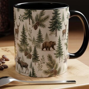 Woodland Animals Forest Pattern Mug | Bear Moose Deer Pinecones