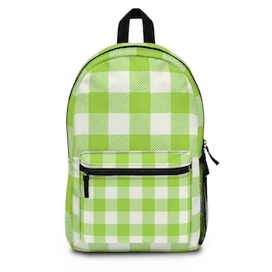 Green Checkered Backpack: Polyester School Travel Bag