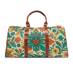 Floral Earth Tones Waterproof Travel Bag, Botanical Print Duffle Bag, Weekend Getaway Carry On, Travel Luggage Tote, Floral Overnight Bag,
