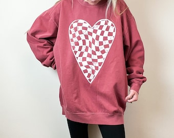 New Checkered Heart Comfort Colors Crewneck Sweatshirt Pullover // You Pick Color // Size S-3XL