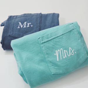 New Mr. & Mrs. Comfort Colors Pocket Tee Wedding Gift - Honeymoon Shirt // Sizes S-2XL // You Pick Color