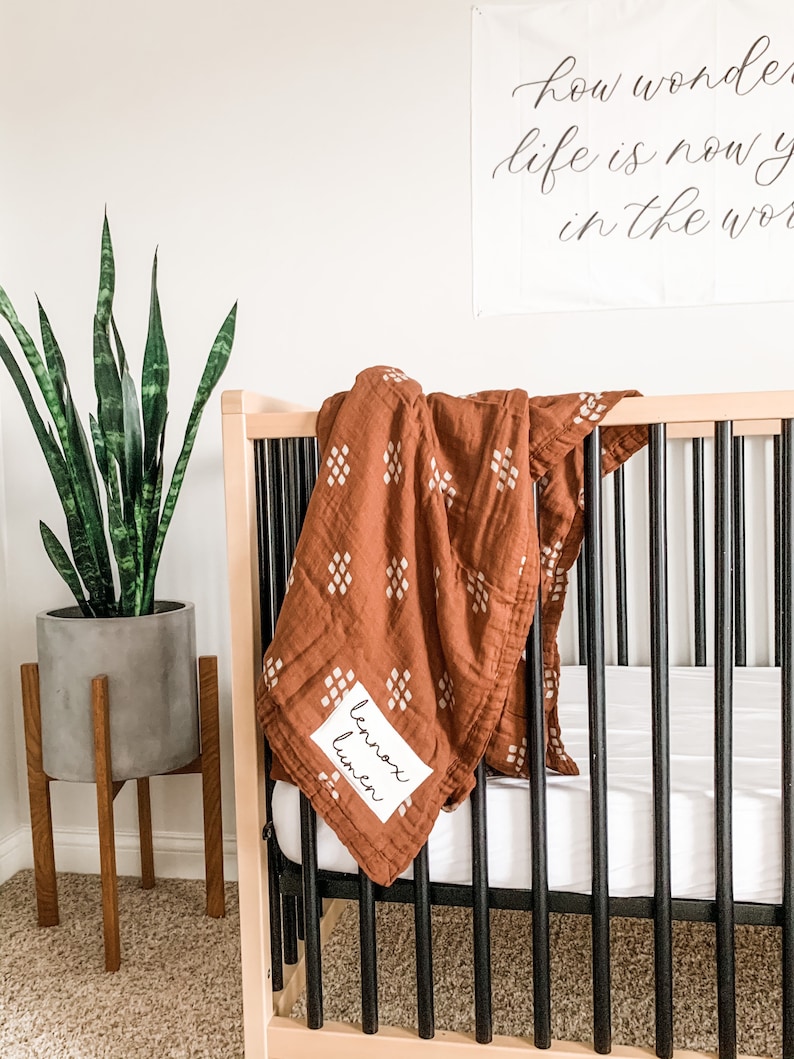 New Custom Name Boho Baby Muslin Quilt Blanket // Mudcloth // Etsy