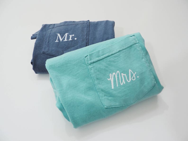 New Mr. & Mrs. Comfort Colors Pocket Tee Wedding Gift Honeymoon Shirt // Sizes S-2XL // You Pick Color image 1