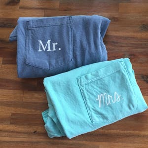 New Mr. & Mrs. Comfort Colors Pocket Tee Wedding Gift Honeymoon Shirt // Sizes S-2XL // You Pick Color image 5