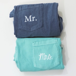New Mr. & Mrs. Comfort Colors Pocket Tee Wedding Gift Honeymoon Shirt // Sizes S-2XL // You Pick Color image 2