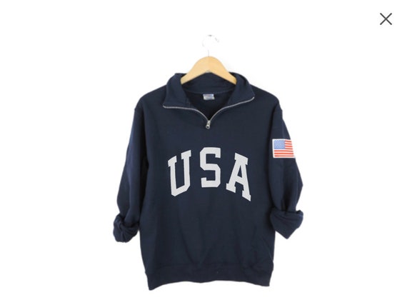 New Retro USA With Flag Patch Quarter Zip Sweatshirt // Size S-3XL