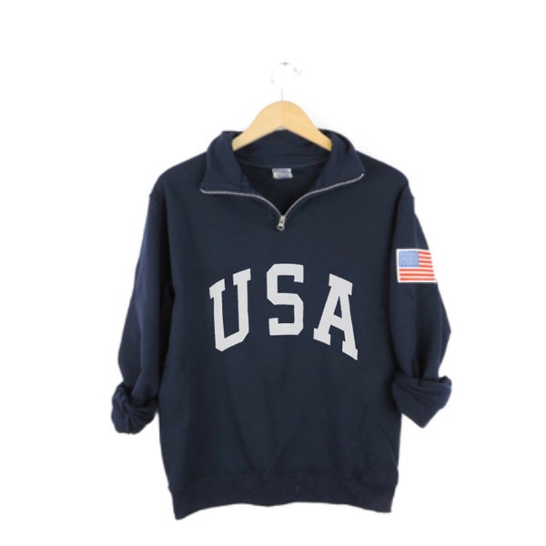 New Retro USA with Flag Patch Quarter Zip Sweatshirt // Size S-3XL // You Pick Color