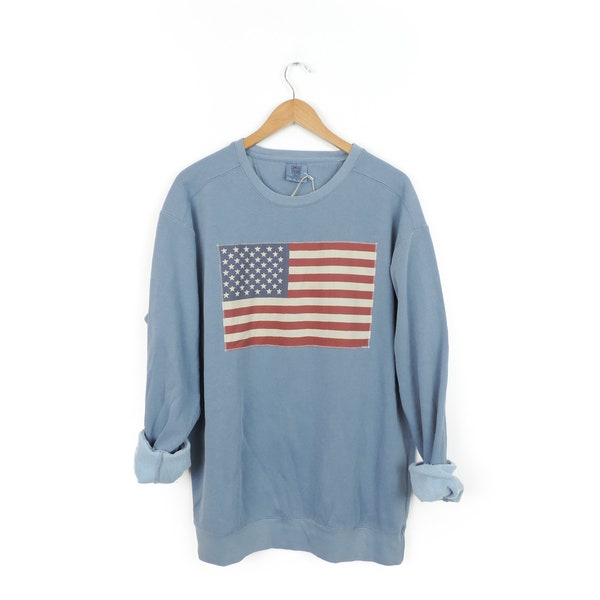 New Faded American Flag Comfort Colors Crewneck Sweatshirt Pullover // You Pick Color // Size S-3XL