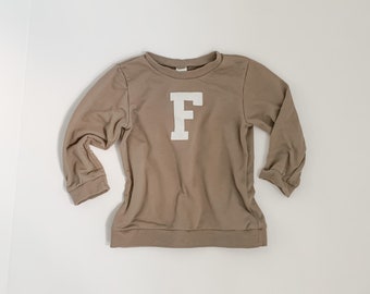 Toddler Taupe & White Custom Felt Initial Stitched Sweatshirt // Size 6M-4T