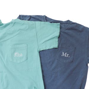 New Mr. & Mrs. Comfort Colors Pocket Tee Wedding Gift Honeymoon Shirt // Sizes S-2XL // You Pick Color image 3