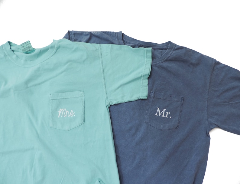 New Mr. & Mrs. Comfort Colors Pocket Tee Wedding Gift Honeymoon Shirt // Sizes S-2XL // You Pick Color image 3