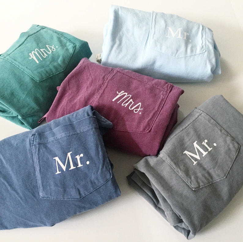 New Mr. & Mrs. Comfort Colors Pocket Tee Wedding Gift Honeymoon Shirt // Sizes S-2XL // You Pick Color image 6