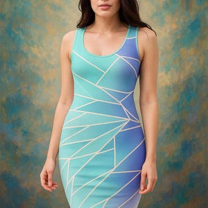 Geometric Pastel Bodycon Dress – Abstract Art Summer Dress, Colorful All-Over Print Fitted Fashion, Unique Designer Party Look