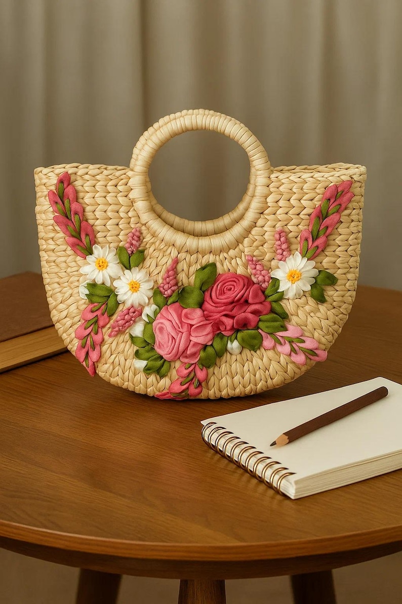 Floral Embroidered Straw Purse – Round Handle Handmade Tote Bag With ...