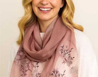 Dusty Rose zijden chiffon sjaal met bloemenborduursel – elegante roze omslagdoek cadeau voor haar