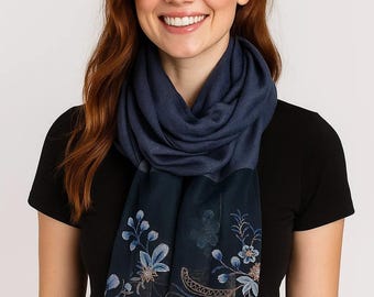 Navy Blue Floral Embroidered Sheer Scarf – Elegant Lightweight Wrap, Gift for Her