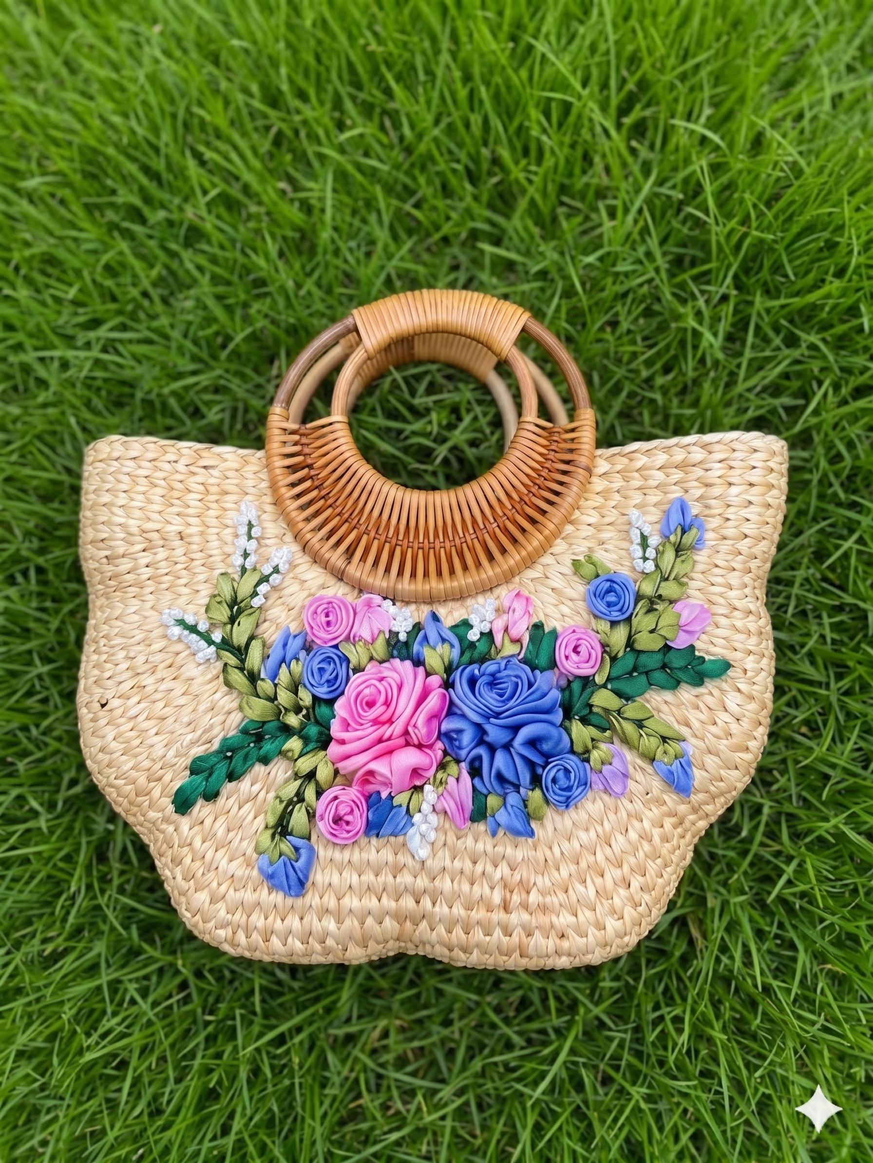 Handmade Water Hyacinth Straw Bag, Embroidered Floral Ribbon Tote, Boho ...