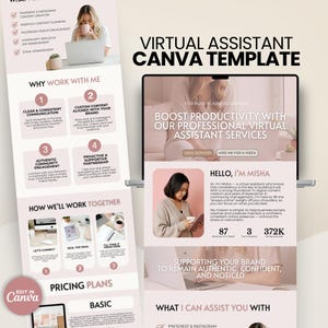 May include: A Canva template for a virtual assistant service, featuring a pink and white design. The template includes sections on services, pricing, and a 'Why Work With Me' section. Text includes 'Boost Productivity' and 'Hello, I'm Misha'.
