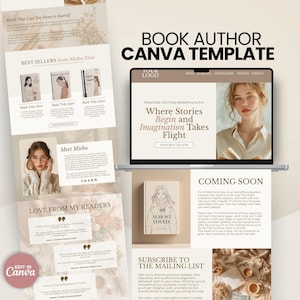 Puede incluir: Una plantilla de Canva para autores de libros. La imagen muestra una computadora portátil que muestra un sitio web con el texto "Where Stories Begin and Imagination Takes Flight". También hay portadas de libros, texto y las palabras "Coming Soon".