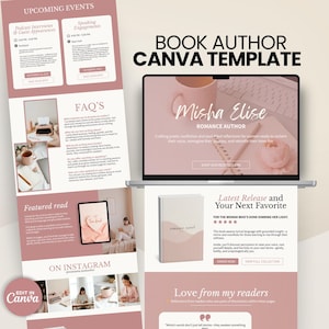 May include: A Canva template for a book author, featuring a laptop displaying a website with the name "Misha Elise" and a book cover. The design includes sections for upcoming events, FAQs, and a featured read, all in a soft pink color scheme.