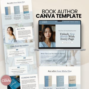 May include: A Canva template for a book author, showcasing a laptop with a website promoting "Unlock New Worlds With Every Page." The design incorporates book covers, author details, and reader testimonials. The template uses a blue and white colour scheme.