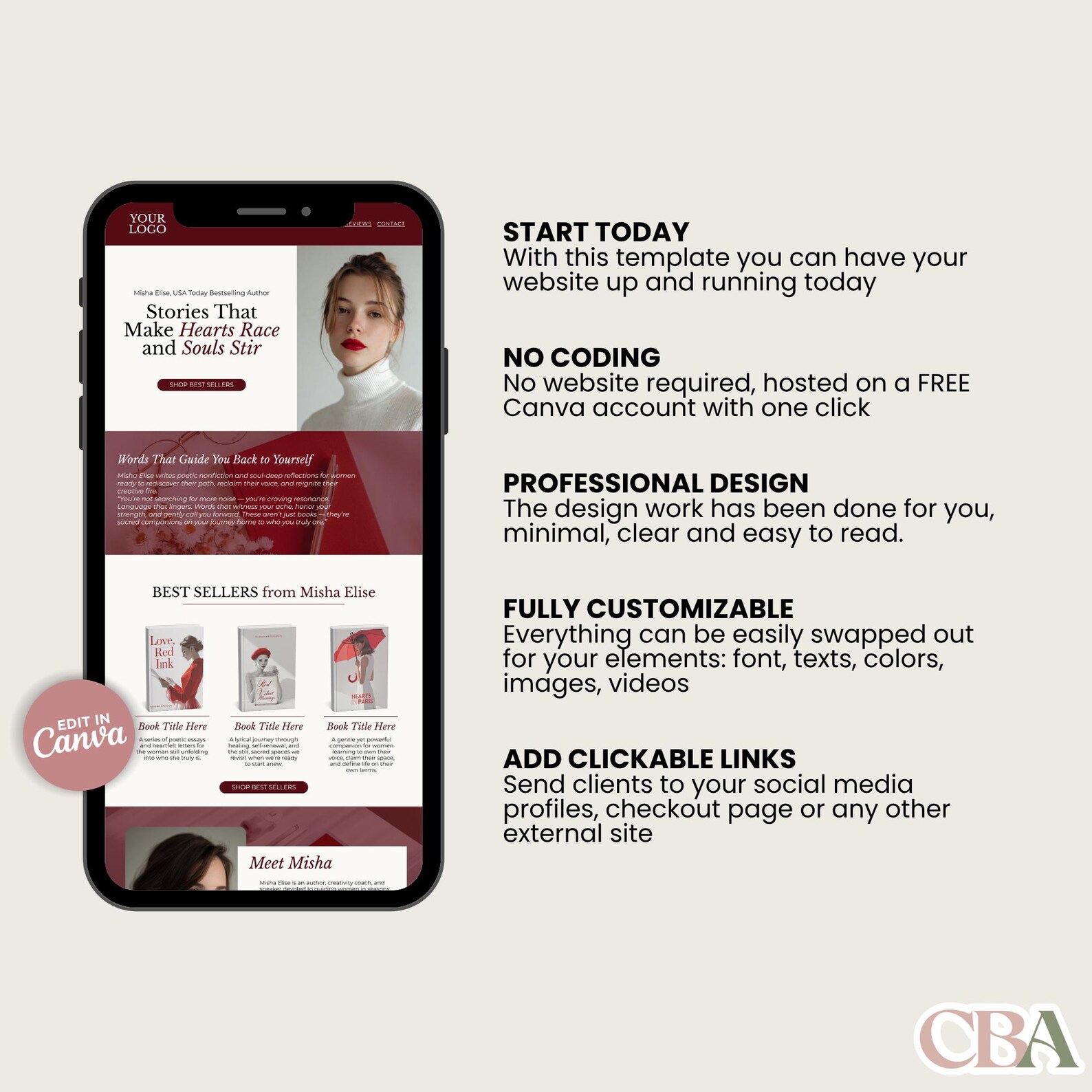 Book Author Website Canva Template, One Page Website for Authors Book ...