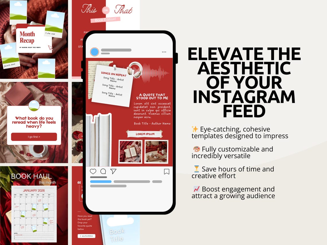 Trendy Red & White Romance Bookstagram Carousel Templates Bookish Book