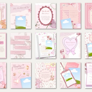 Pode incluir: Uma coleção de quinze páginas de diário digitais com uma paleta de cores rosa suave e elementos decorativos como fitas, pérolas, flores e ilustrações de um pequeno coelho, cadernos e várias caixas de texto para escrever notas pessoais.