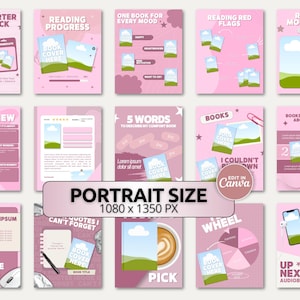 Trendy pink bookish Canva templates featuring book review, reading moodboard, and reader starter pack slides. Designed for Bookstagram and BookTok creators who want scroll stopping aesthetic content. Bold pink, blush, and white color palette creates a vibrant cohesive feed. Fully editable and Instagram ready at 1080x1350px for instant use.