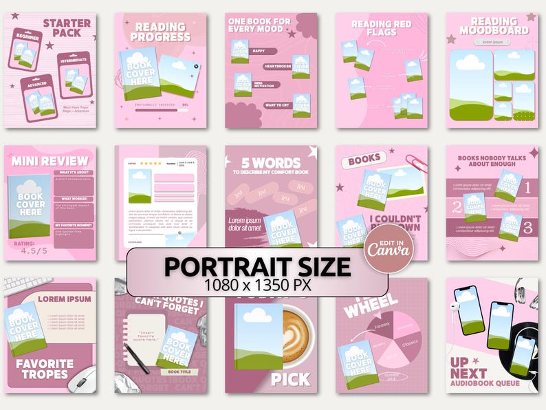 Trendy pink bookish Canva templates featuring book review, reading moodboard, and reader starter pack slides. Designed for Bookstagram and BookTok creators who want scroll stopping aesthetic content. Bold pink, blush, and white color palette creates a vibrant cohesive feed. Fully editable and Instagram ready at 1080x1350px for instant use.