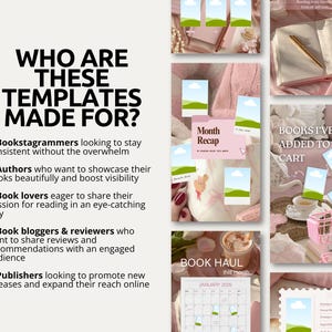 Aesthetic pink Instagram story templates for book lovers designed to highlight reading habits, favorite books, monthly reading recaps, and literary discussions. The bundle combines cozy imagery, elegant layouts, and customizable Canva elements for effortless content creation. Suitable for authors, book reviewers, reading communities, and Bookstagram creators who value beautiful branding and engaging social media storytelling.