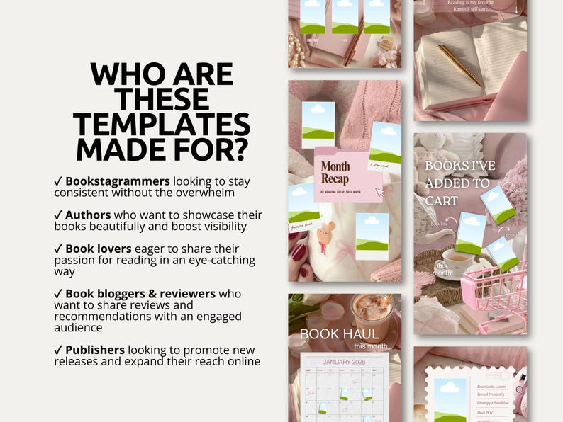 Aesthetic pink Instagram story templates for book lovers designed to highlight reading habits, favorite books, monthly reading recaps, and literary discussions. The bundle combines cozy imagery, elegant layouts, and customizable Canva elements for effortless content creation. Suitable for authors, book reviewers, reading communities, and Bookstagram creators who value beautiful branding and engaging social media storytelling.