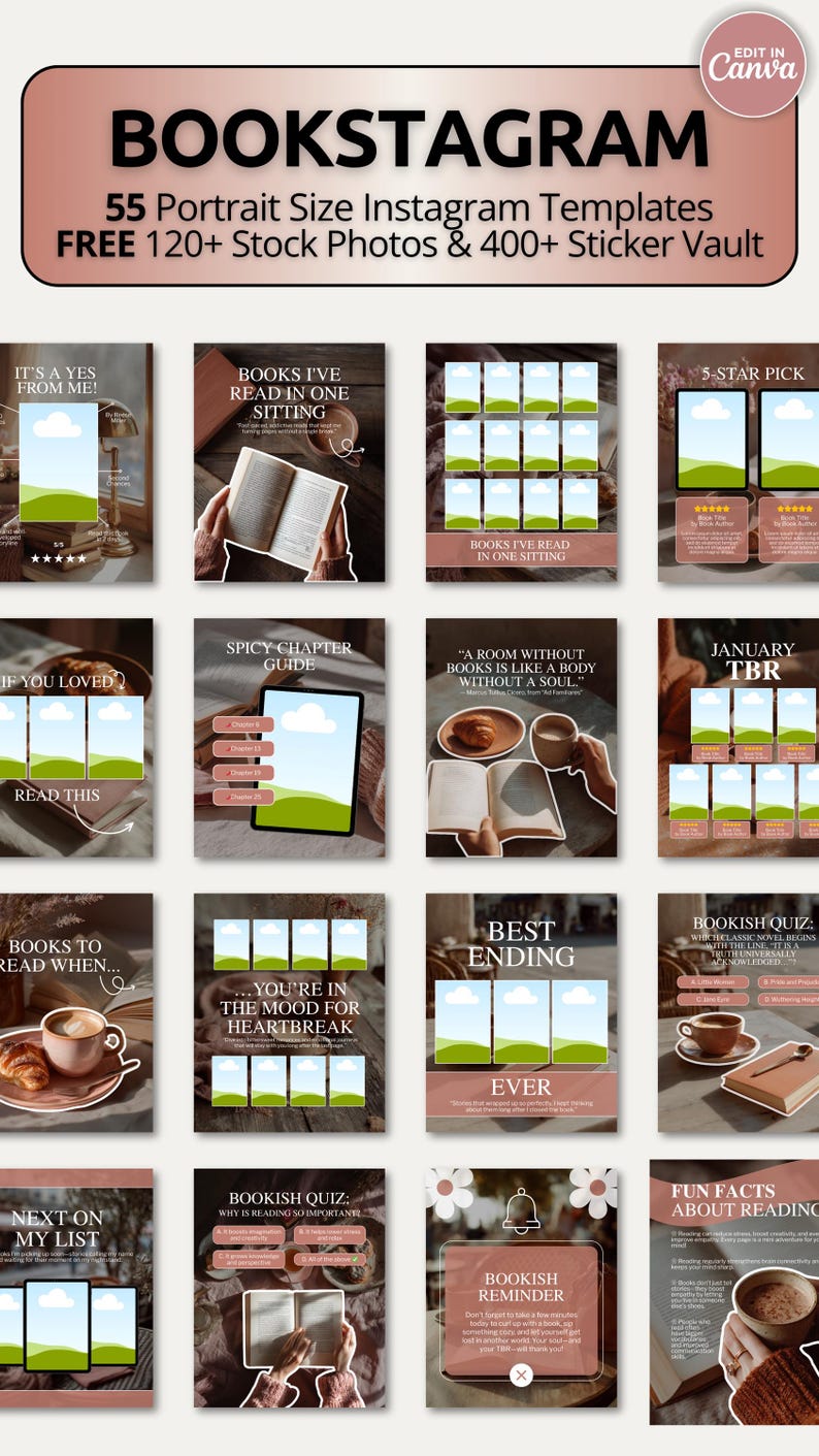 Muted terracotta bookstagram Canva bundle with warm, cozy, and minimalist aesthetic. Ideal for viral content, bookish carousel posts, and curated Instagram feeds.