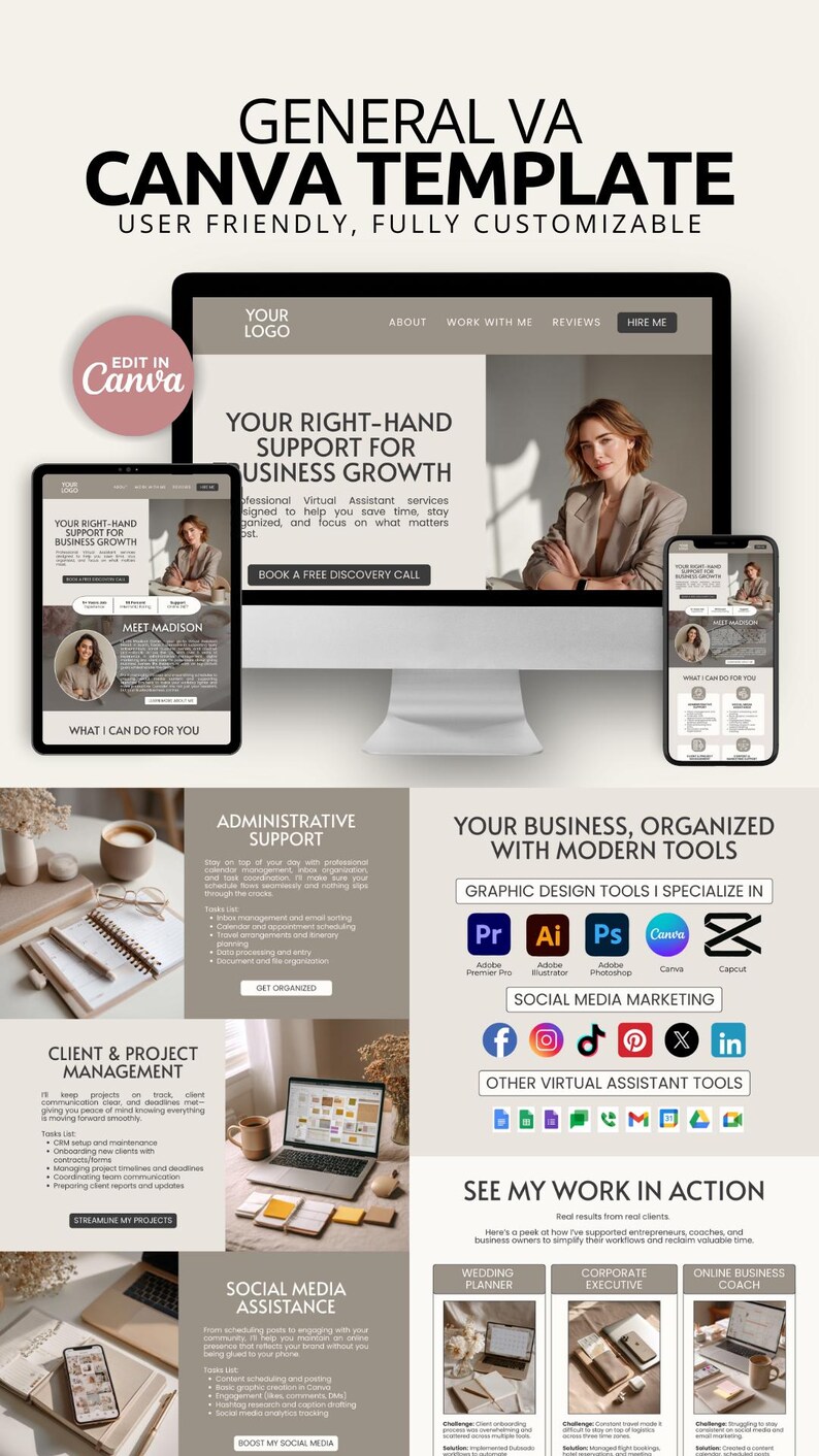 Editable Virtual Assistant Portfolio Website Template for Canva ...