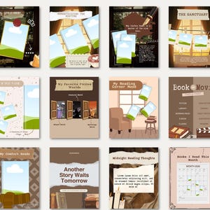 Cozy brown literary Canva templates inspired by vintage bookstores, reading sanctuaries, and slow reading moments. Includes carousel layouts for current reads, book recommendations, favorite quotes, reading reflections, and reader engagement prompts. The warm color palette, nostalgic textures, and classic book imagery create a timeless aesthetic. Ideal for Bookstagram creators, BookTok influencers, authors, and passionate readers.