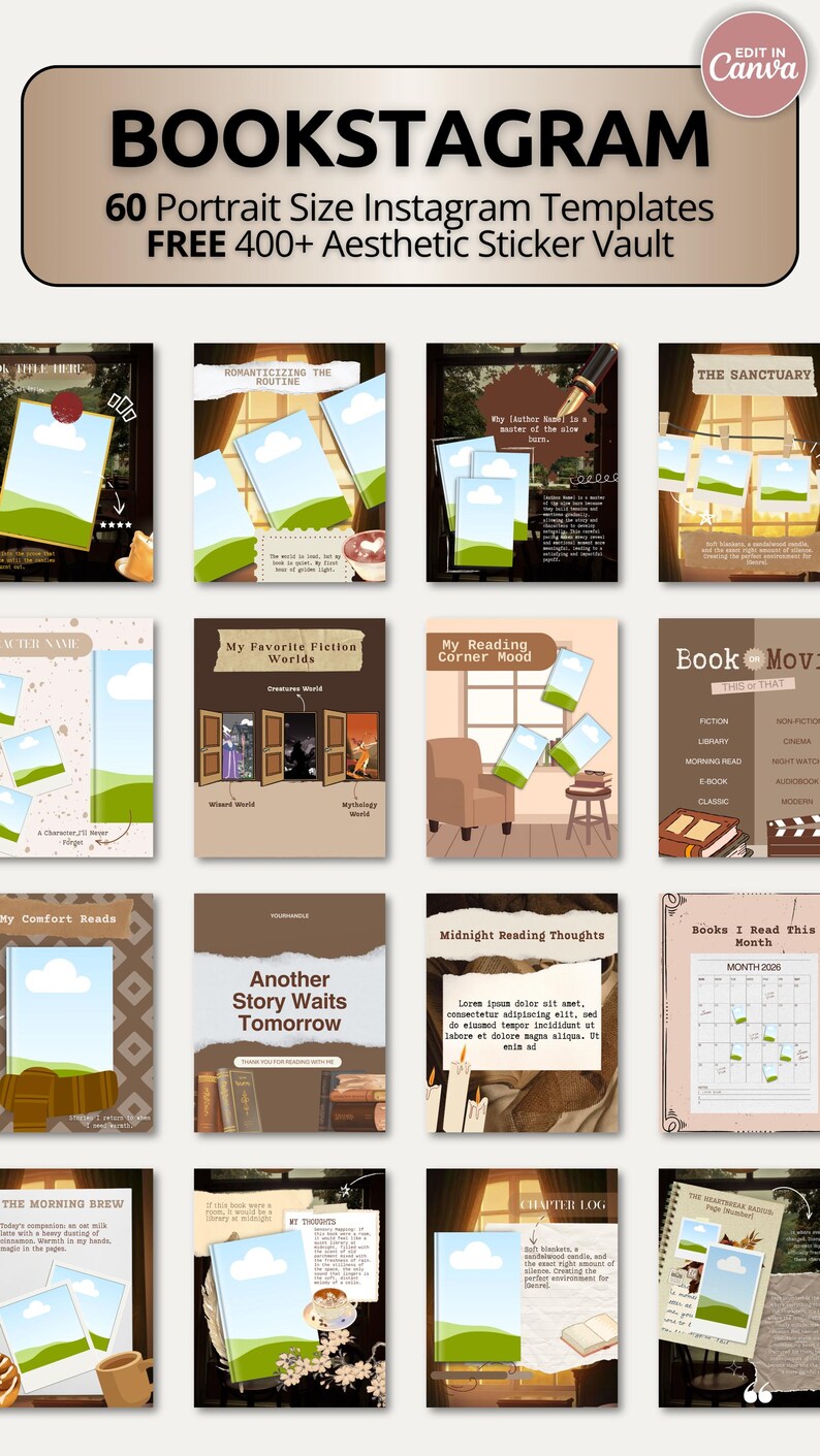 Cozy brown literary Canva templates inspired by vintage bookstores, reading sanctuaries, and slow reading moments. Includes carousel layouts for current reads, book recommendations, favorite quotes, reading reflections, and reader engagement prompts. The warm color palette, nostalgic textures, and classic book imagery create a timeless aesthetic. Ideal for Bookstagram creators, BookTok influencers, authors, and passionate readers.