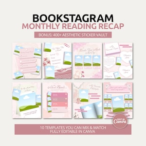 Könnte beinhalten: Ästhetische rosa und weiße Bookstagram-Vorlagen für monatliche Lesezusammenfassungen. Das Design umfasst verschiedene Layouts mit Platz für Bilder und Text, mit dem Text "BOOKSTAGRAM MONTHLY READING RECAP" oben. Inklusive Bonus: Ästhetischer Sticker-Tresor. Vollständig bearbeitbar in Canva.