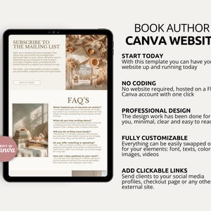 Perfect for indie authors and book launches, this editable Canva website template offers a clean, one-page layout with a neutral beige and taupe aesthetic. It includes a hero section for your author name and tagline, a book showcase with buy buttons, and a dedicated FAQ section for reader questions. A newsletter signup block helps grow your email list, while an Instagram-style gallery adds a personal touch. The site is mobile-responsive and publishes free from Canva.