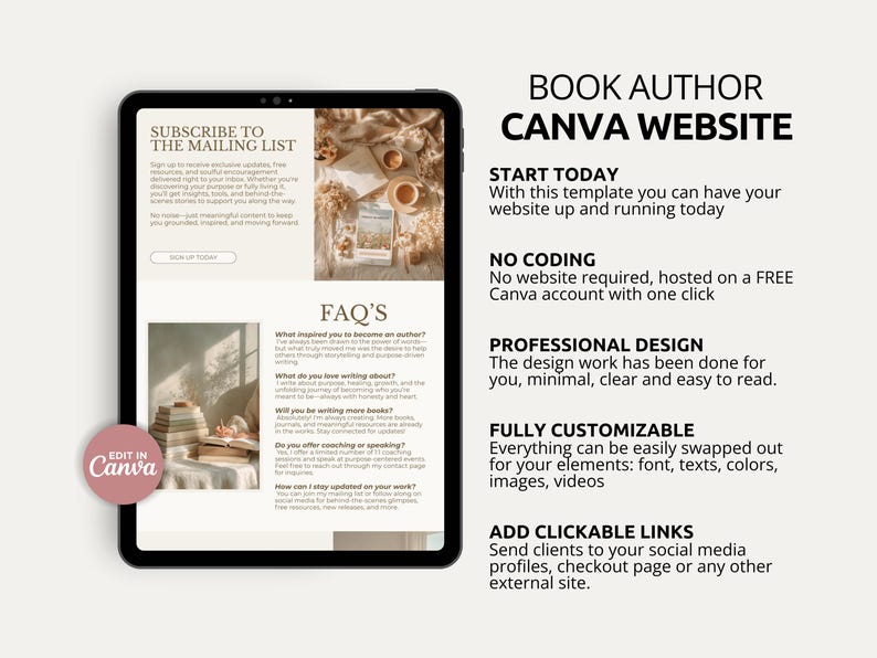 Perfect for indie authors and book launches, this editable Canva website template offers a clean, one-page layout with a neutral beige and taupe aesthetic. It includes a hero section for your author name and tagline, a book showcase with buy buttons, and a dedicated FAQ section for reader questions. A newsletter signup block helps grow your email list, while an Instagram-style gallery adds a personal touch. The site is mobile-responsive and publishes free from Canva.