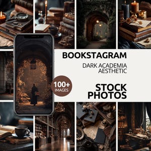 May include: A collection of images with a dark academia theme. The images feature old books, candles, a coffee cup, and a person in an arched doorway. The text on the image reads "BOOKSTAGRAM DARK ACADEMIA AESTHETIC STOCK PHOTOS 100+ IMAGES."