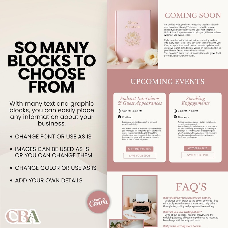 Blush pink writer website template for book promotion and branding