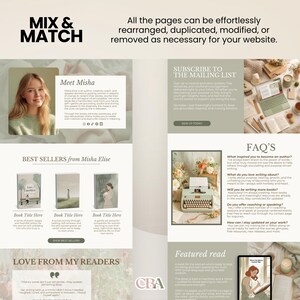 Clean and stylish author homepage template with sage green and beige theme, perfect for showcasing books and about-me section.