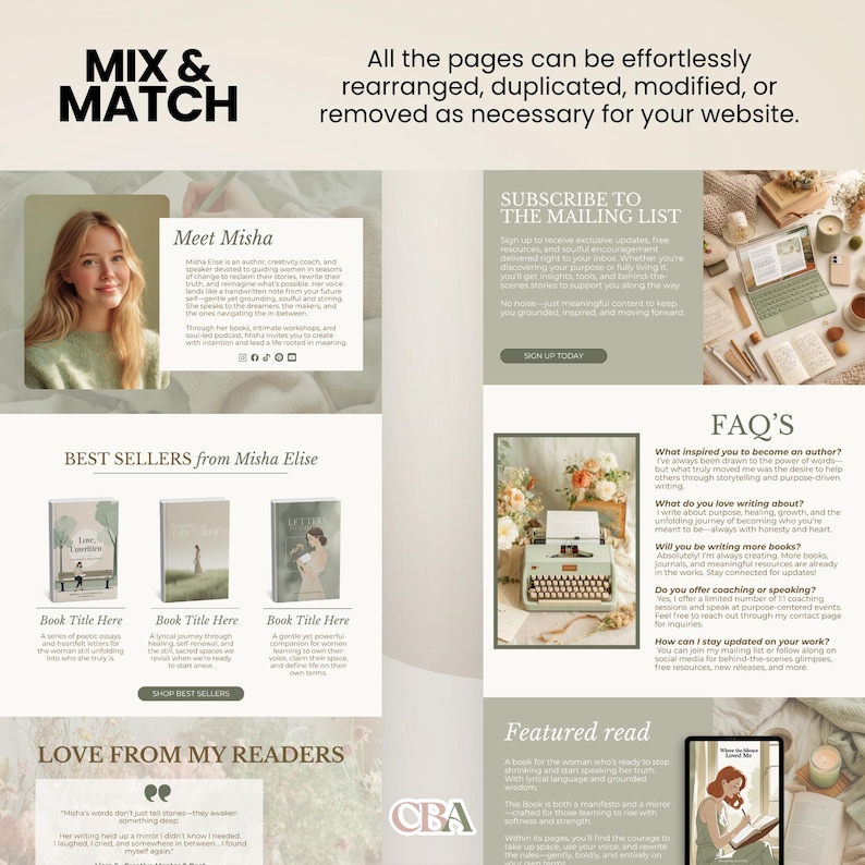 Clean and stylish author homepage template with sage green and beige theme, perfect for showcasing books and about-me section.