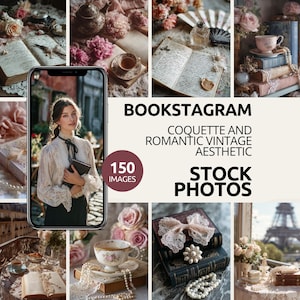 May include: A collage of vintage-themed images, including books, teacups, and flowers, with the text "BOOKSTAGRAM COQUETTE AND ROMANTIC VINTAGE AESTHETIC STOCK PHOTOS." A woman is holding a book in a phone screen.